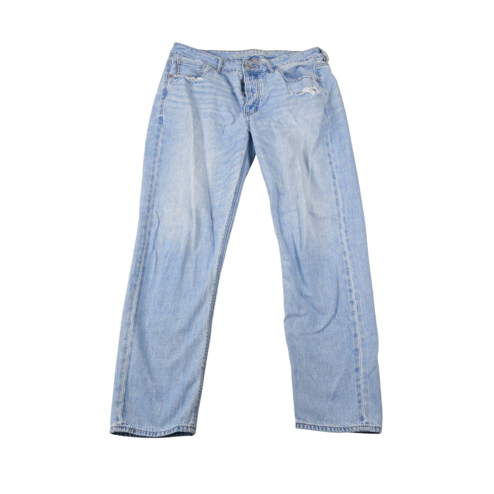 American Eagle Tomgirl Jeans Womens 14 (31x27) Light Blue Distressed Button Fly